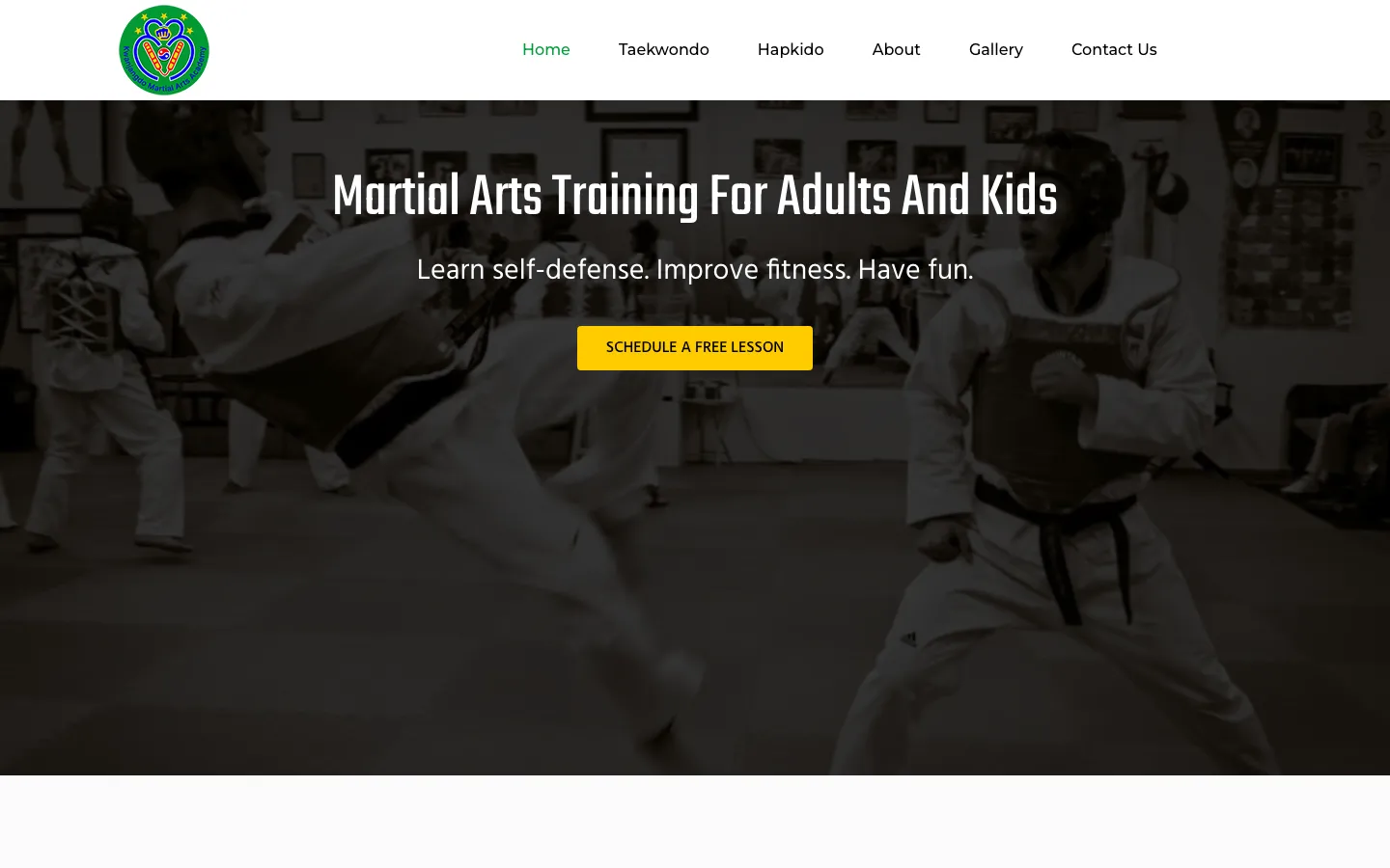 The KJD Martial Arts Academy website, showing a class in training