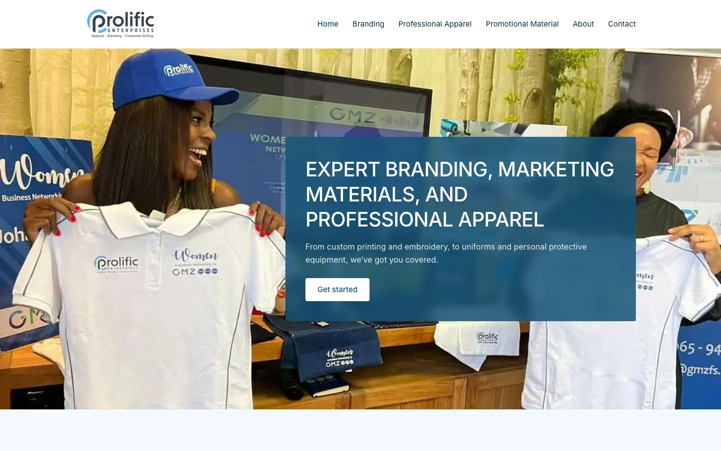 The Prolific Enterprises website, showing branded corporate apparel