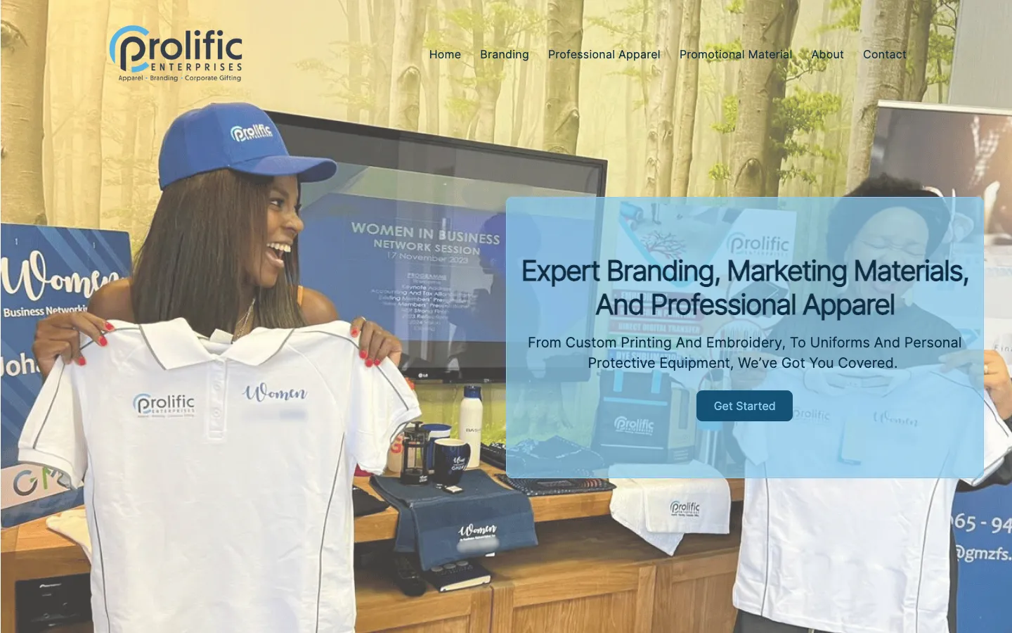 The Prolific Enterprises website, showing branded corporate apparel